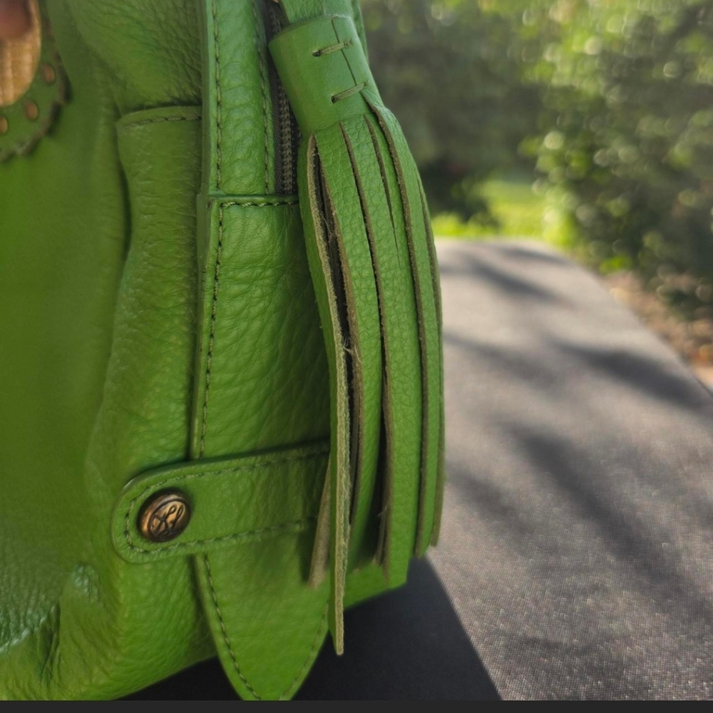 Green Leather Boho Shoulder Bag Kate Landry Studded Tassel Artisan Purse - Picture 8 of 8